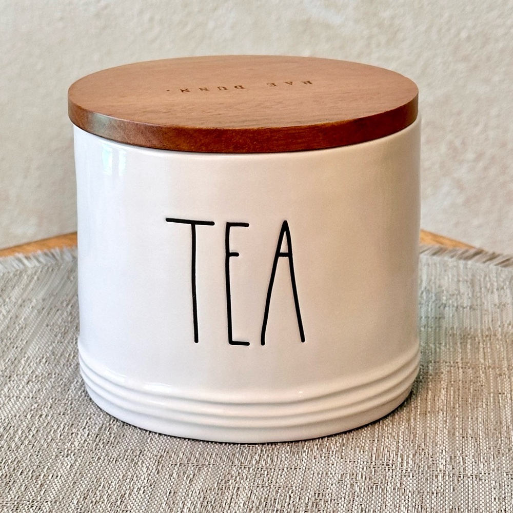 Rae Dunn TEA Ceramic Cellar Canister with Wood Lid BRAND NEW!!